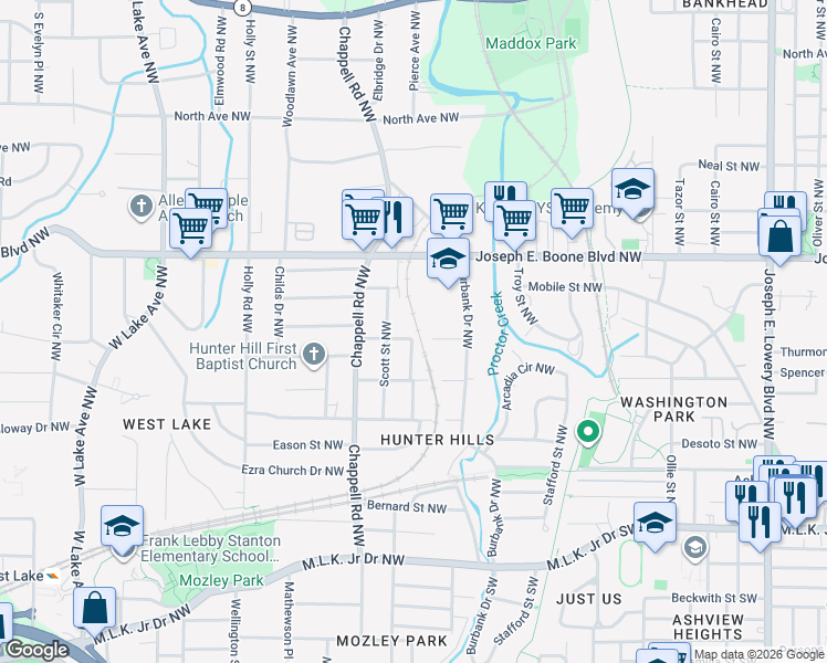 map of restaurants, bars, coffee shops, grocery stores, and more near 195 Scott Street Northwest in Atlanta