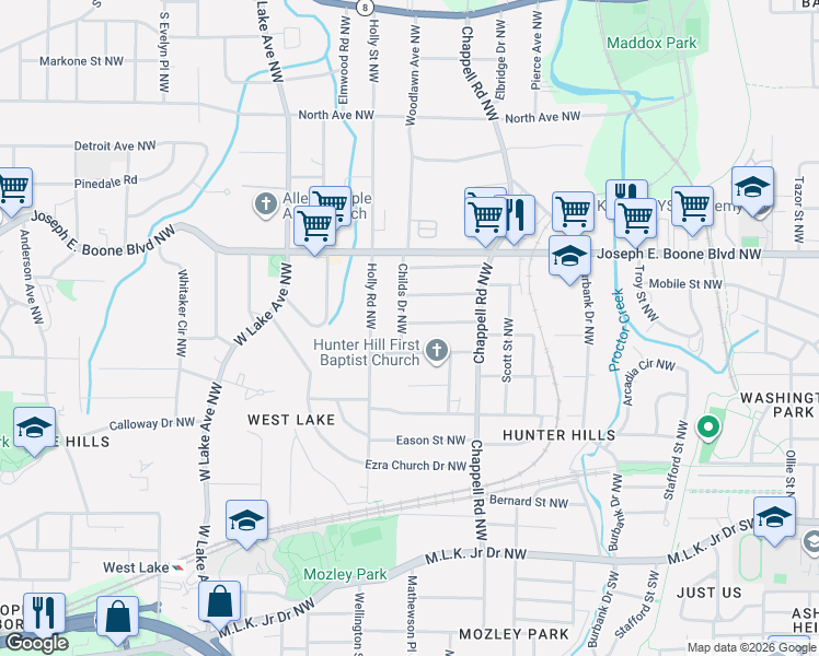 map of restaurants, bars, coffee shops, grocery stores, and more near 195 Childs Drive Northwest in Atlanta