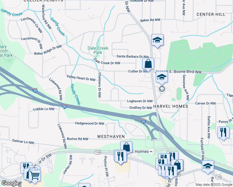 map of restaurants, bars, coffee shops, grocery stores, and more near 217 Simon Terrace Northwest in Atlanta