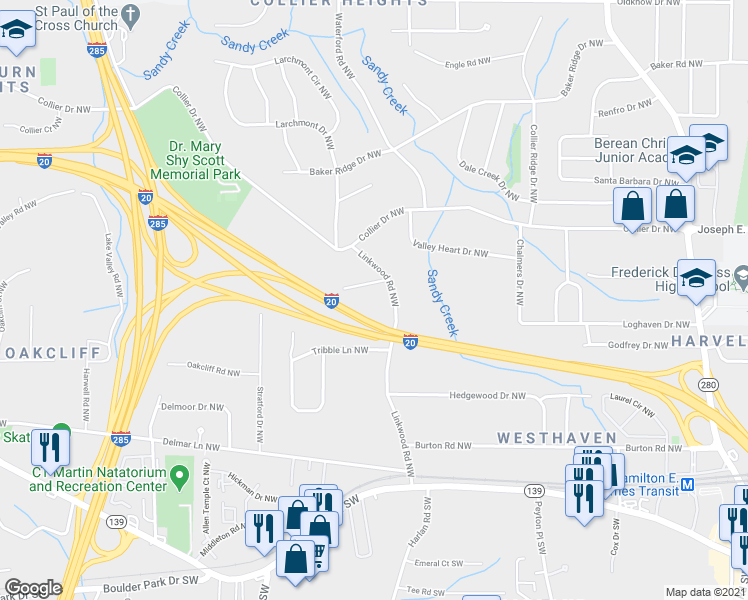 map of restaurants, bars, coffee shops, grocery stores, and more near 194 Linkwood Road Northwest in Atlanta