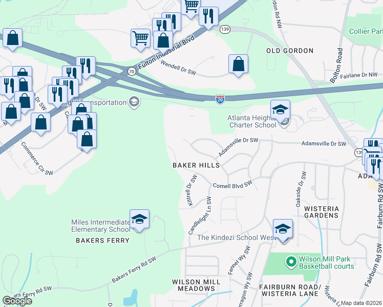 map of restaurants, bars, coffee shops, grocery stores, and more near 4115 Cornell Boulevard Southwest in Atlanta