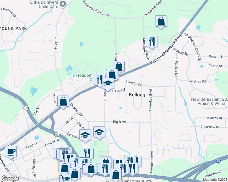 map of restaurants, bars, coffee shops, grocery stores, and more near 8004 East Field Drive in Douglasville