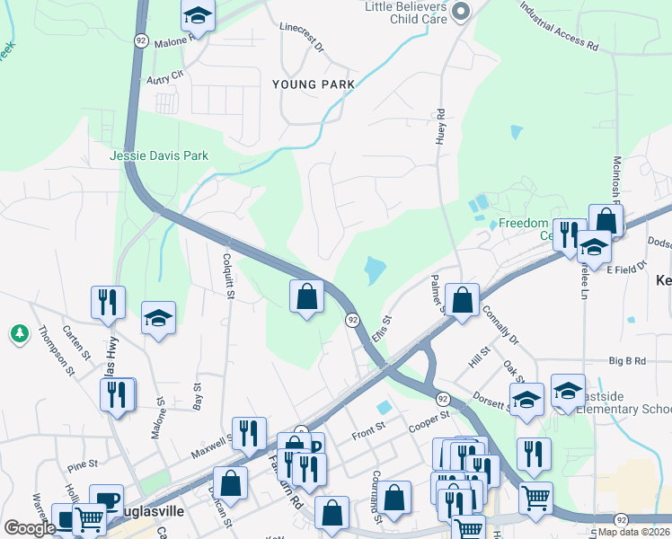 map of restaurants, bars, coffee shops, grocery stores, and more near 6356 New Gate Drive in Douglasville