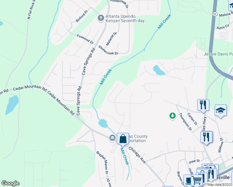 map of restaurants, bars, coffee shops, grocery stores, and more near 7099 Skippingstone Way in Douglasville