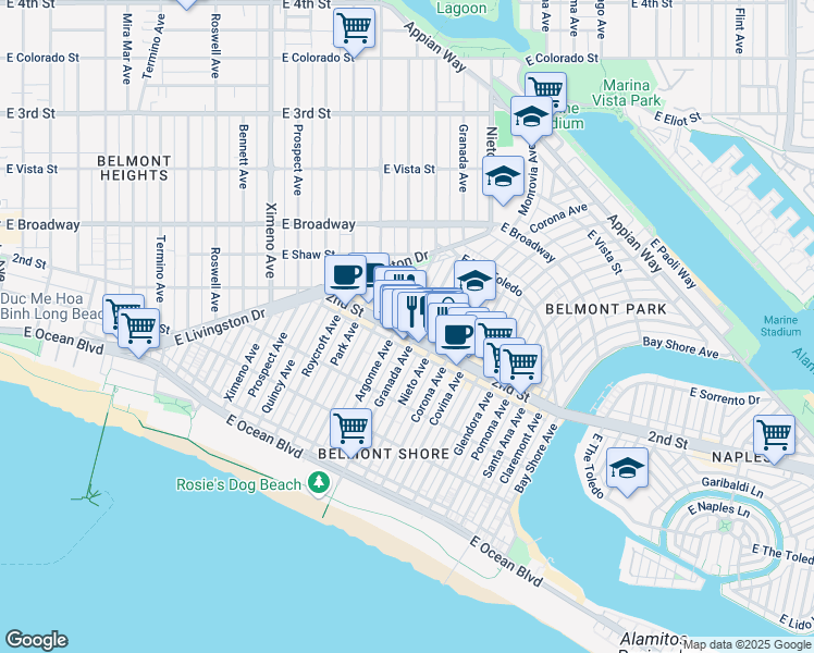 map of restaurants, bars, coffee shops, grocery stores, and more near 5116 2nd Street in Long Beach