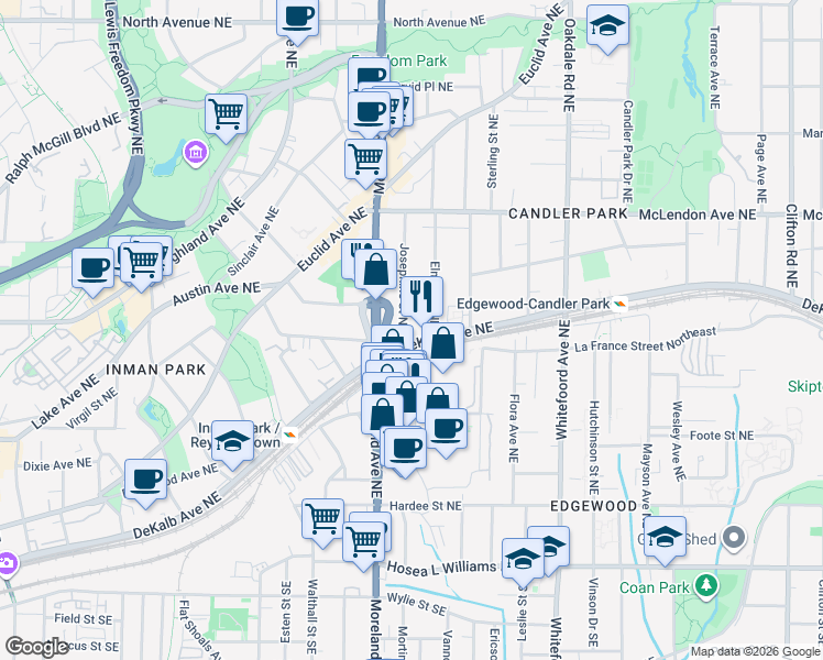 map of restaurants, bars, coffee shops, grocery stores, and more near 249 Josephine Street Northeast in Atlanta