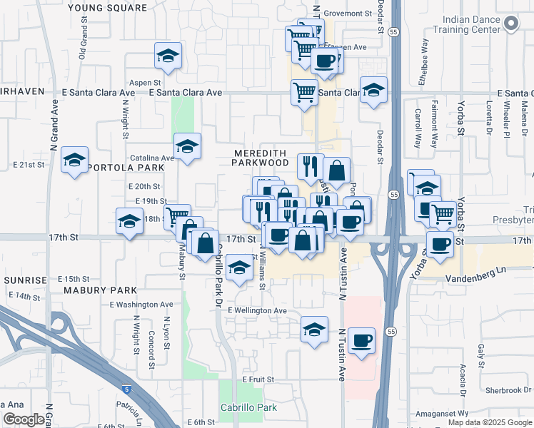 map of restaurants, bars, coffee shops, grocery stores, and more near 1945 17th Street in Santa Ana