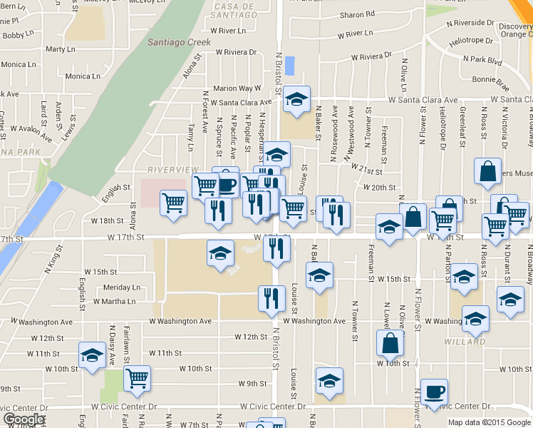 map of restaurants, bars, coffee shops, grocery stores, and more near 1810 North Bristol Street in Santa Ana