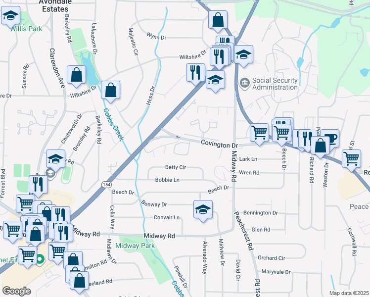 map of restaurants, bars, coffee shops, grocery stores, and more near 1220 Maple Walk Circle in Decatur