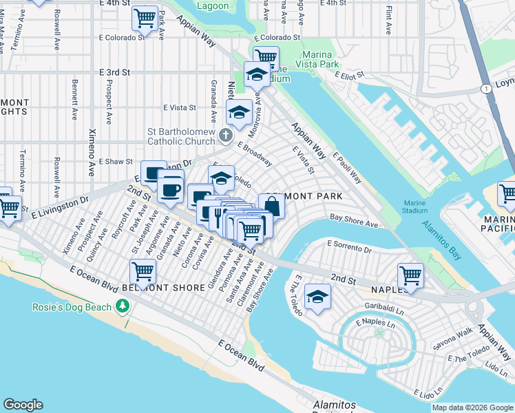 map of restaurants, bars, coffee shops, grocery stores, and more near 242 Glendora Avenue in Long Beach