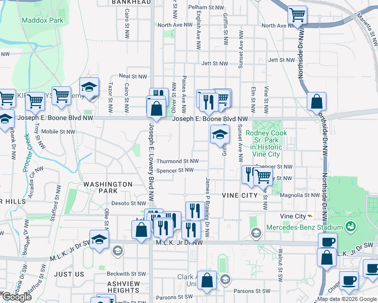 map of restaurants, bars, coffee shops, grocery stores, and more near 238 Newport St NW in Atlanta
