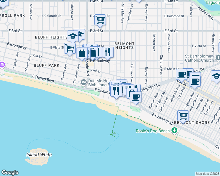 map of restaurants, bars, coffee shops, grocery stores, and more near in Long Beach