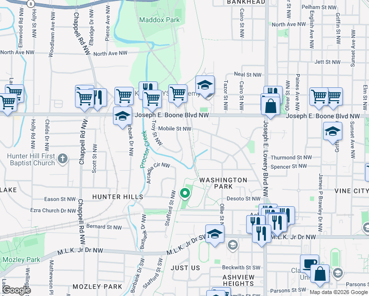 map of restaurants, bars, coffee shops, grocery stores, and more near 215 Stafford Street Northwest in Atlanta