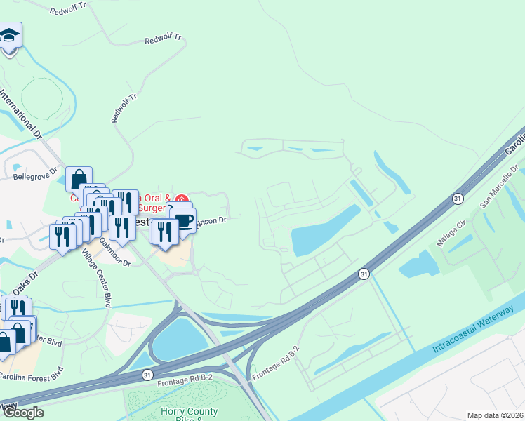 map of restaurants, bars, coffee shops, grocery stores, and more near 44 Hinson Drive in Myrtle Beach