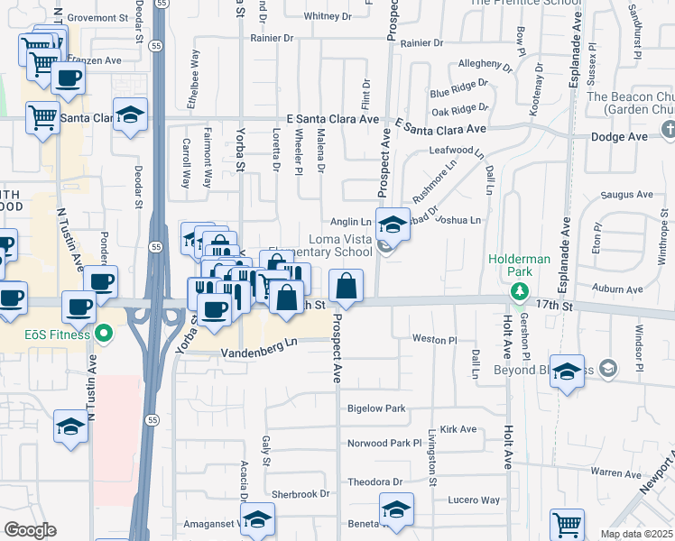 map of restaurants, bars, coffee shops, grocery stores, and more near 13891 Laurinda Way in Santa Ana