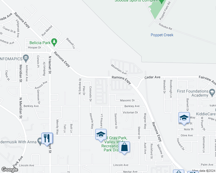 map of restaurants, bars, coffee shops, grocery stores, and more near 881 Lake Street in Hemet