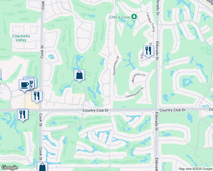 map of restaurants, bars, coffee shops, grocery stores, and more near 133 Desert Falls Court in Palm Desert