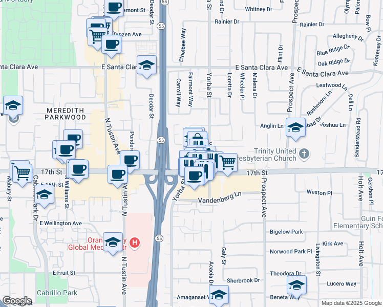 map of restaurants, bars, coffee shops, grocery stores, and more near 17361 17th Street in Tustin