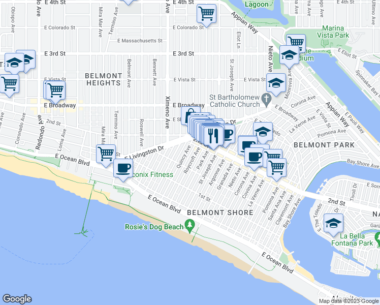 map of restaurants, bars, coffee shops, grocery stores, and more near 168 Quincy Avenue in Long Beach