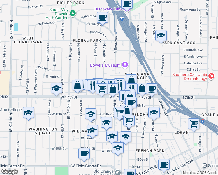 map of restaurants, bars, coffee shops, grocery stores, and more near 323 West 18th Street in Santa Ana
