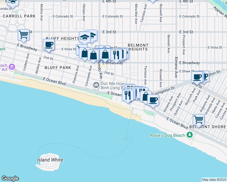 map of restaurants, bars, coffee shops, grocery stores, and more near 3601 East Ocean Boulevard in Long Beach