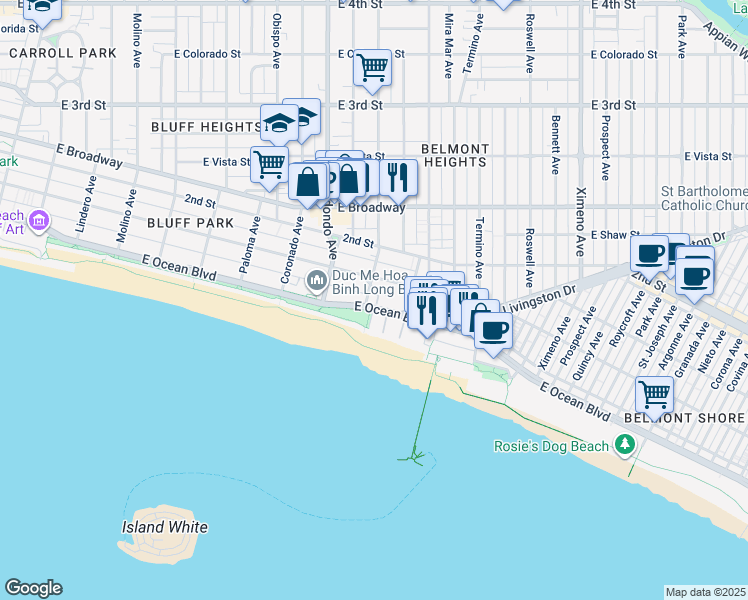 map of restaurants, bars, coffee shops, grocery stores, and more near 3601 East Ocean Boulevard in Long Beach