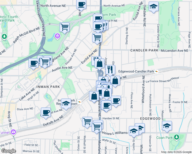 map of restaurants, bars, coffee shops, grocery stores, and more near 1165 Alta Avenue Northeast in Atlanta