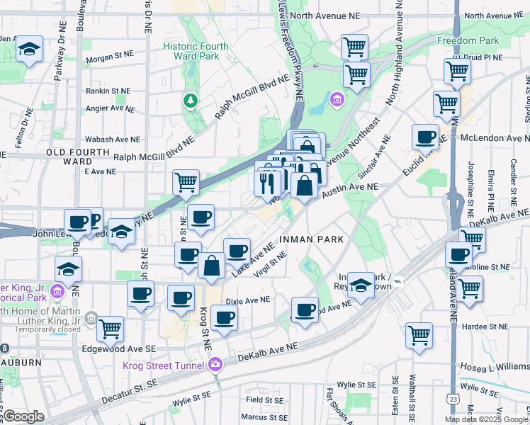 map of restaurants, bars, coffee shops, grocery stores, and more near 870 Inman Village Parkway Northeast in Atlanta