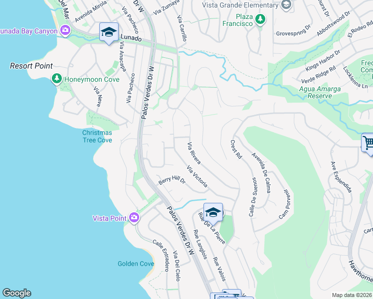 map of restaurants, bars, coffee shops, grocery stores, and more near 30157 Vía Rivera in Rancho Palos Verdes