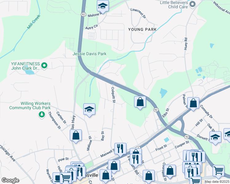 map of restaurants, bars, coffee shops, grocery stores, and more near 8038 Colquitt Street in Douglasville