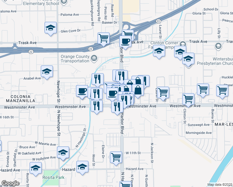 map of restaurants, bars, coffee shops, grocery stores, and more near 13915 Harbor Boulevard in Garden Grove