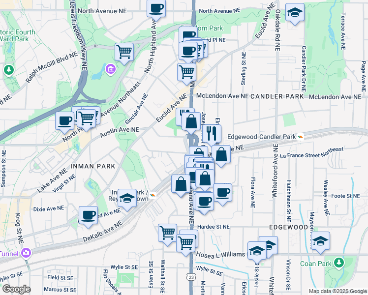 map of restaurants, bars, coffee shops, grocery stores, and more near 1164 Alta Avenue Northeast in Atlanta