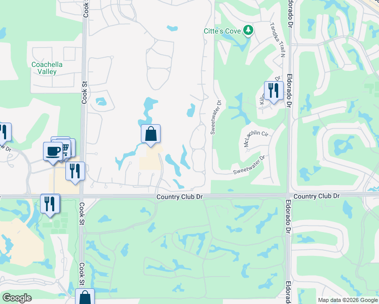 map of restaurants, bars, coffee shops, grocery stores, and more near 163 Desert Falls Circle in Palm Desert
