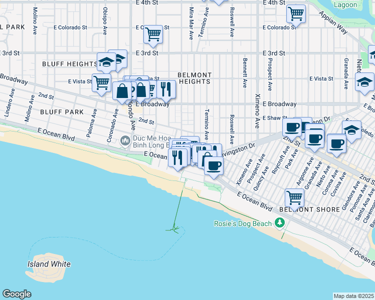 map of restaurants, bars, coffee shops, grocery stores, and more near 3817 East Livingston Drive in Long Beach