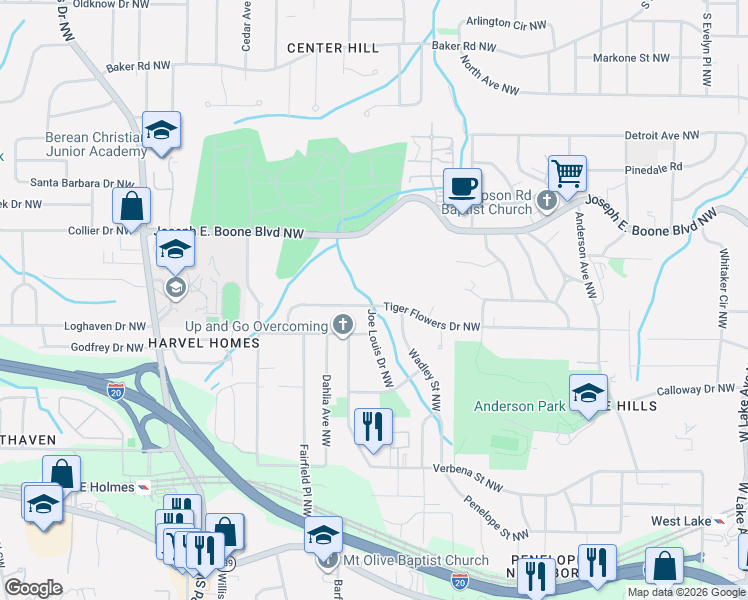 map of restaurants, bars, coffee shops, grocery stores, and more near 2226 Tiger Flowers Drive Northwest in Atlanta