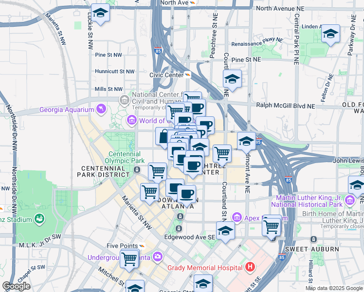 map of restaurants, bars, coffee shops, grocery stores, and more near 7 Harris Street Northeast in Atlanta