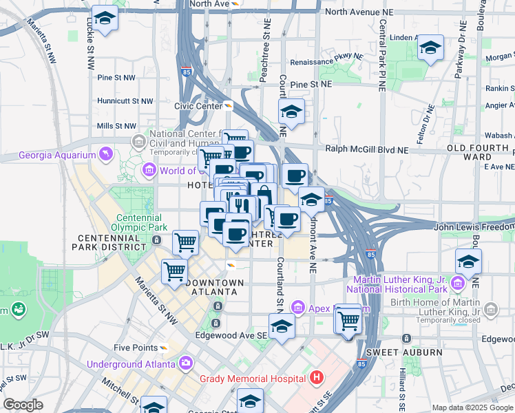 map of restaurants, bars, coffee shops, grocery stores, and more near 245 Peachtree Center Avenue Northeast in Atlanta