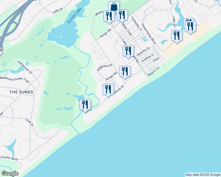 map of restaurants, bars, coffee shops, grocery stores, and more near 9560 Shore Drive in Myrtle Beach