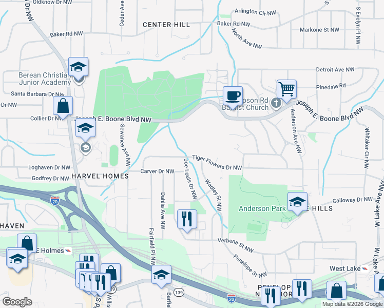 map of restaurants, bars, coffee shops, grocery stores, and more near 318 Wadley Street Northwest in Atlanta