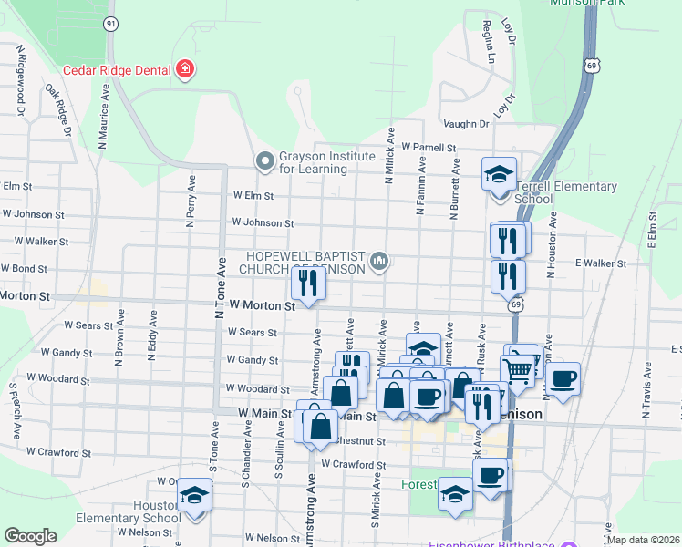 map of restaurants, bars, coffee shops, grocery stores, and more near 515 North Barrett Avenue in Denison