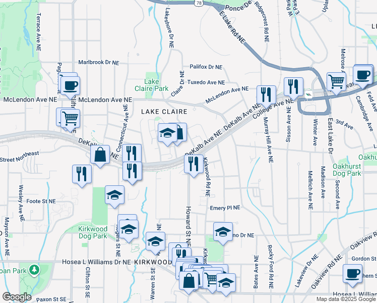 map of restaurants, bars, coffee shops, grocery stores, and more near 1979 College Avenue Northeast in Atlanta