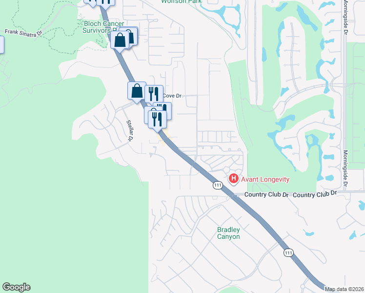 map of restaurants, bars, coffee shops, grocery stores, and more near 70177 California 111 in Rancho Mirage