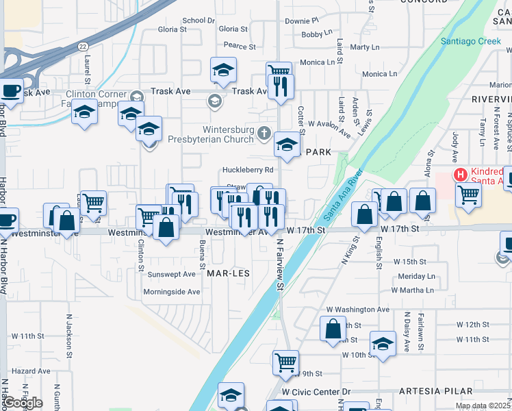 map of restaurants, bars, coffee shops, grocery stores, and more near 2603 Monte Carlo Dr in Santa Ana