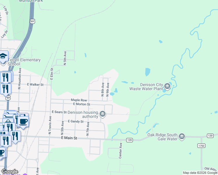 map of restaurants, bars, coffee shops, grocery stores, and more near 622 North 8th Avenue in Denison