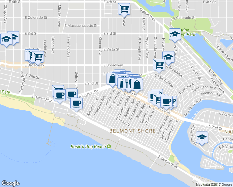 map of restaurants, bars, coffee shops, grocery stores, and more near 173 Roycroft Avenue in Long Beach
