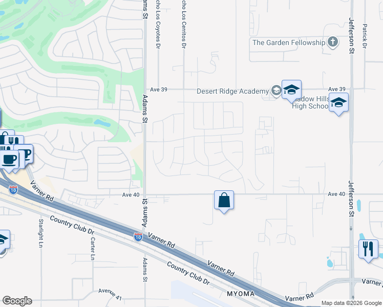 map of restaurants, bars, coffee shops, grocery stores, and more near 79202 Palmar Lane in Indio