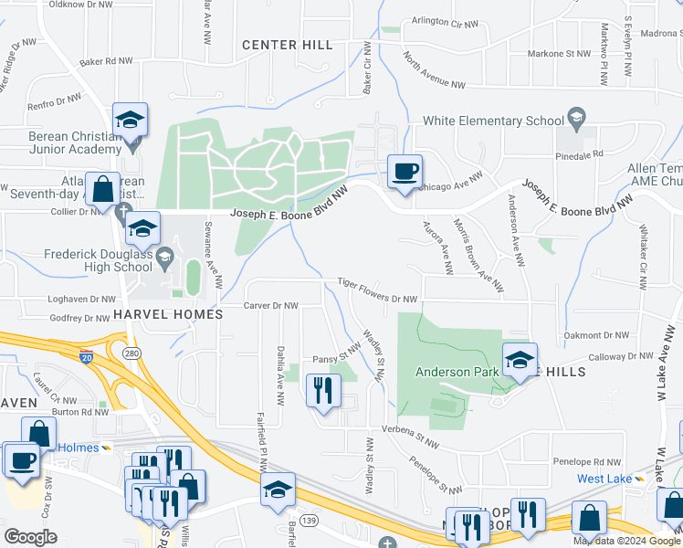 map of restaurants, bars, coffee shops, grocery stores, and more near 2191 Tiger Flowers Drive Northwest in Atlanta