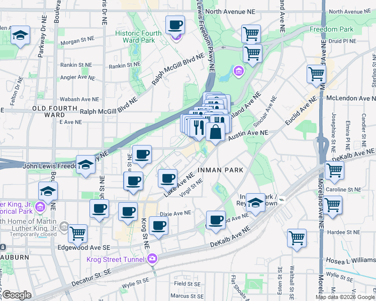 map of restaurants, bars, coffee shops, grocery stores, and more near 870 Inman Village Parkway Northeast in Atlanta