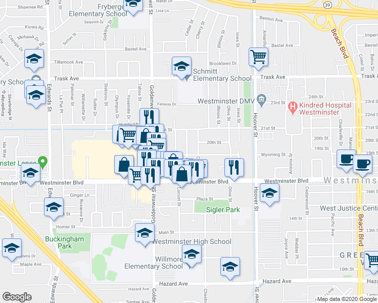 map of restaurants, bars, coffee shops, grocery stores, and more near 13881 Cherry Street in Westminster