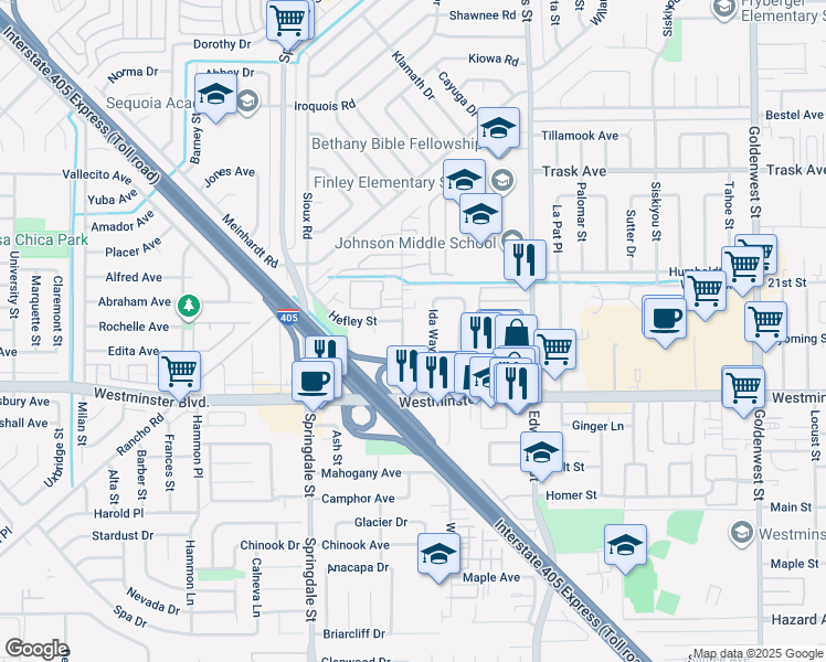 map of restaurants, bars, coffee shops, grocery stores, and more near 13881 Ida Way in Westminster
